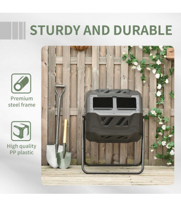160L Outdoor Tumbling Compost Bin w/ Dual Chamber, Sliding Doors, Black
