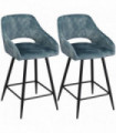 Bar Stools Set of 2, Velvet-Touch Fabric Counter Height Bar Chairs Blue HOMCOM