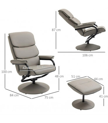 Recliner Chair w/ Ottoman, Faux Leather, Grey, 100H x 75W x 84Dcm