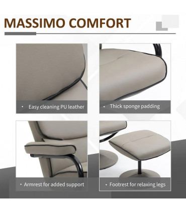 Recliner Chair w/ Ottoman, Faux Leather, Grey, 100H x 75W x 84Dcm