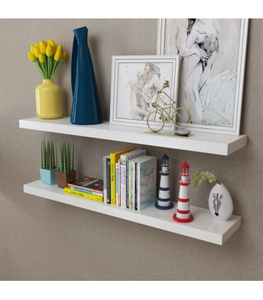 2 White MDF Floating Wall Display Shelves Book/DVD Storage