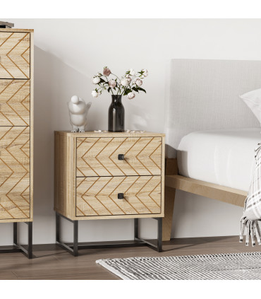 Bedside Table 2 Drawer Unit  Zig Zag Design w/ Black Metal Handles