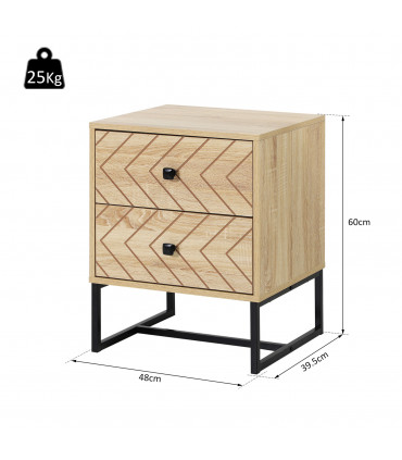 Bedside Table 2 Drawer Unit  Zig Zag Design w/ Black Metal Handles