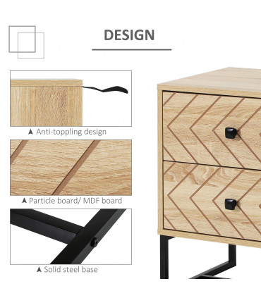 Bedside Table 2 Drawer Unit  Zig Zag Design w/ Black Metal Handles