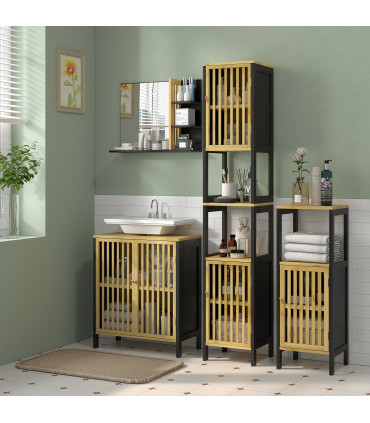 HOMCOM Under Sink Bathroom Cabinet, Bamboo Sink Storage Cabinet Slat Doors