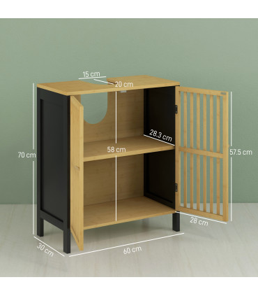 HOMCOM Under Sink Bathroom Cabinet, Bamboo Sink Storage Cabinet Slat Doors