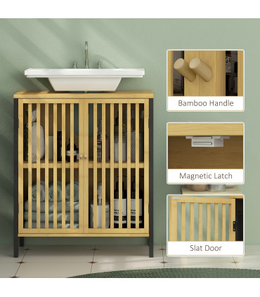 HOMCOM Under Sink Bathroom Cabinet, Bamboo Sink Storage Cabinet Slat Doors