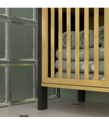 HOMCOM Under Sink Bathroom Cabinet, Bamboo Sink Storage Cabinet Slat Doors