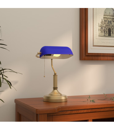 HOMCOM Banker's Table Lamp w/ Antique Bronze Tone Base, Blue