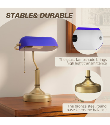 HOMCOM Banker's Table Lamp w/ Antique Bronze Tone Base, Blue