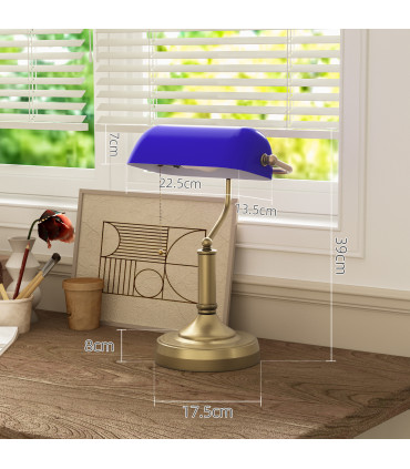 HOMCOM Banker's Table Lamp w/ Antique Bronze Tone Base, Blue