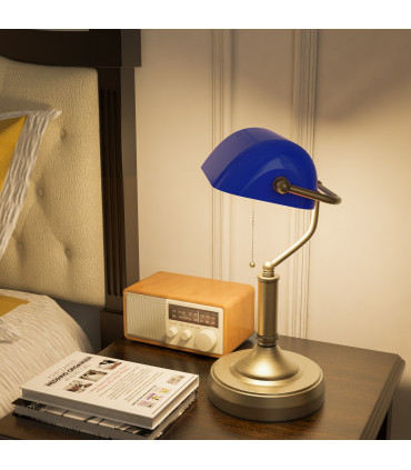 HOMCOM Banker's Table Lamp w/ Antique Bronze Tone Base, Blue