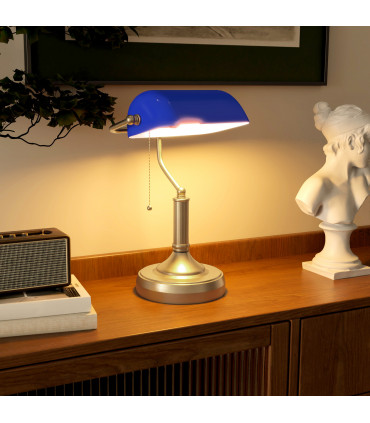 HOMCOM Banker's Table Lamp w/ Antique Bronze Tone Base, Blue