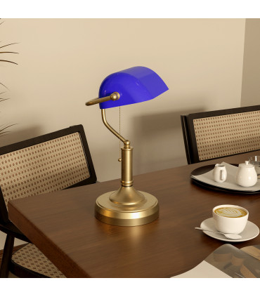 HOMCOM Banker's Table Lamp w/ Antique Bronze Tone Base, Blue