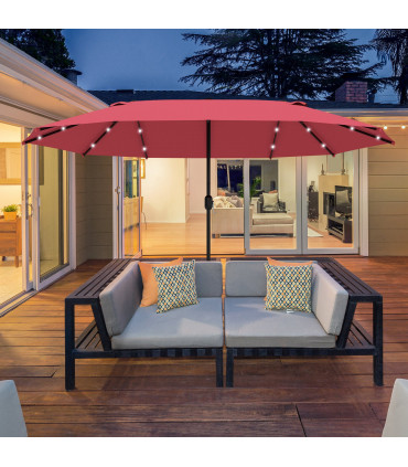 4.4m Double-Sided Sun Umbrella Patio Parasol Solar Lights Wine Red