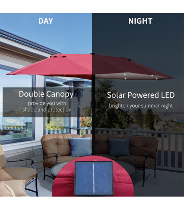 4.4m Double-Sided Sun Umbrella Patio Parasol Solar Lights Wine Red