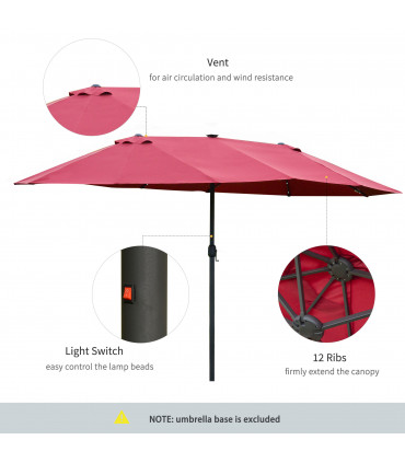 4.4m Double-Sided Sun Umbrella Patio Parasol Solar Lights Wine Red