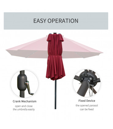 4.4m Double-Sided Sun Umbrella Patio Parasol Solar Lights Wine Red