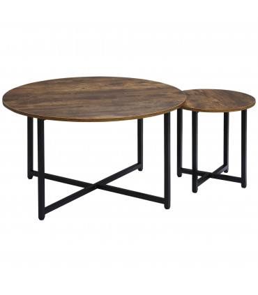 HOMCOM 2 Pcs Round Coffee Table with Metal Frame Side Accent Tables Brown