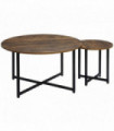 HOMCOM 2 Pcs Round Coffee Table with Metal Frame Side Accent Tables Brown