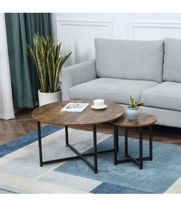 HOMCOM 2 Pcs Round Coffee Table with Metal Frame Side Accent Tables Brown