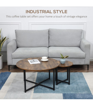 HOMCOM 2 Pcs Round Coffee Table with Metal Frame Side Accent Tables Brown