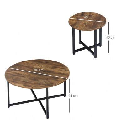 HOMCOM 2 Pcs Round Coffee Table with Metal Frame Side Accent Tables Brown