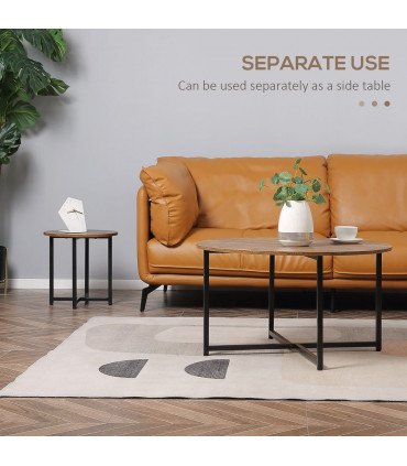 HOMCOM 2 Pcs Round Coffee Table with Metal Frame Side Accent Tables Brown