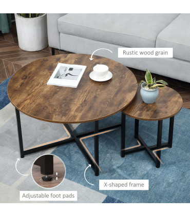 HOMCOM 2 Pcs Round Coffee Table with Metal Frame Side Accent Tables Brown