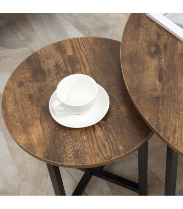 HOMCOM 2 Pcs Round Coffee Table with Metal Frame Side Accent Tables Brown