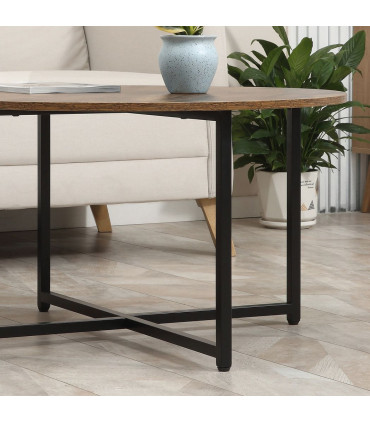 HOMCOM 2 Pcs Round Coffee Table with Metal Frame Side Accent Tables Brown