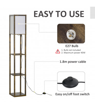 Floor Lamp Rustic Brown 4-Tier 26cm x 26cm x 160cm - Light with Storage Shelf