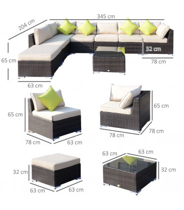 Rattan Garden Sofa Set, 8 Pcs-Brown
