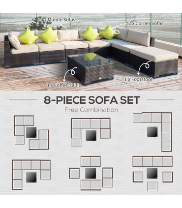 Rattan Garden Sofa Set, 8 Pcs-Brown