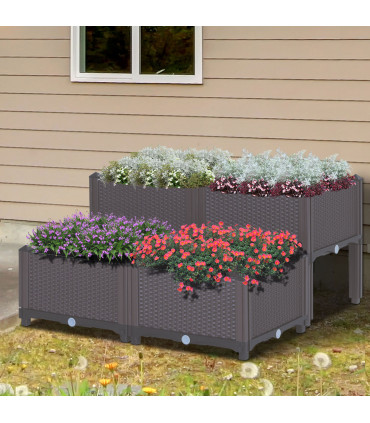 Raised Outdoor Garden Planter Box Brown Plastic 40cm x 40cm x 44cm PP Set Of 4
