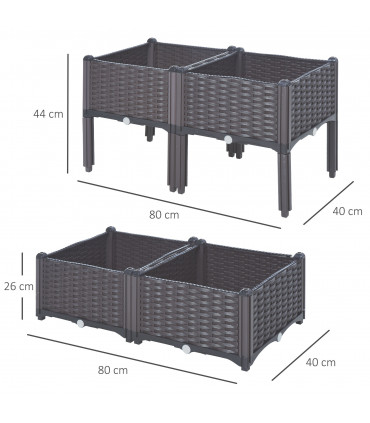 Raised Outdoor Garden Planter Box Brown Plastic 40cm x 40cm x 44cm PP Set Of 4