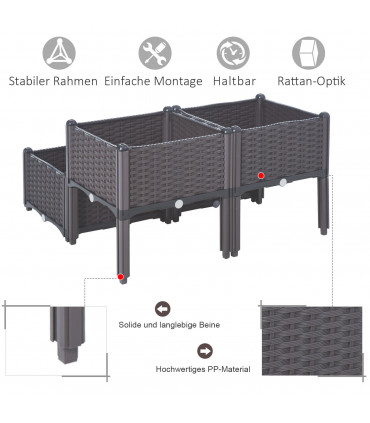 Raised Outdoor Garden Planter Box Brown Plastic 40cm x 40cm x 44cm PP Set Of 4