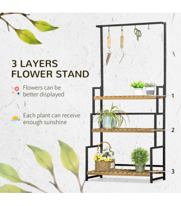 3 Tiered Plant Stand Rack with Hanging Hooks for Indoor Outdoor Decoration