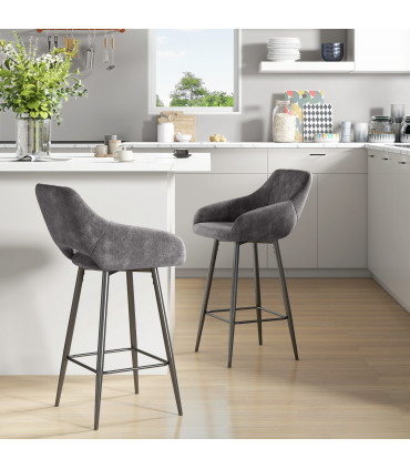 HOMCOM Bar Stools Set of 2, Velvet-Touch Fabric Counter Height Bar Chairs Grey