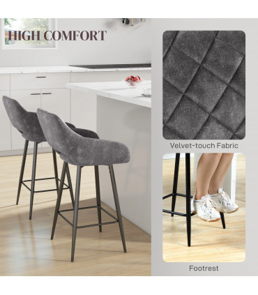 HOMCOM Bar Stools Set of 2, Velvet-Touch Fabric Counter Height Bar Chairs Grey