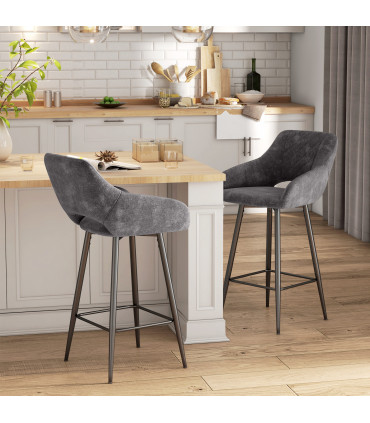 HOMCOM Bar Stools Set of 2, Velvet-Touch Fabric Counter Height Bar Chairs Grey