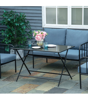 Folding Outdoor Table for 6, Rectangle Glass Top with Parasol Hole 110x70x70cm