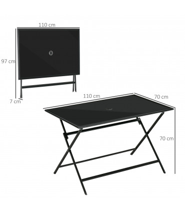 Folding Outdoor Table for 6, Rectangle Glass Top with Parasol Hole 110x70x70cm