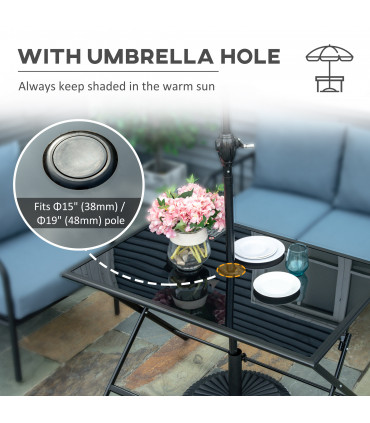 Folding Outdoor Table for 6, Rectangle Glass Top with Parasol Hole 110x70x70cm