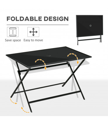 Folding Outdoor Table for 6, Rectangle Glass Top with Parasol Hole 110x70x70cm