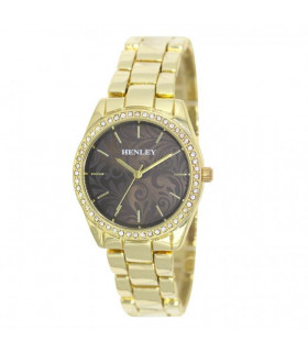 Henley Ladies Bling Etched Patterned Brown Dial & Gold plated Bracelet Watch H07326.2
