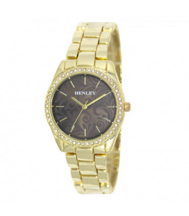 Henley Ladies Bling Etched Patterned Brown Dial & Gold plated Bracelet Watch H07326.2