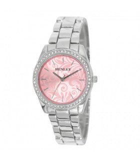 Henley Ladies Bling Etched Patterned Pink Dial & Silver plated Bracelet Watch H07326.5