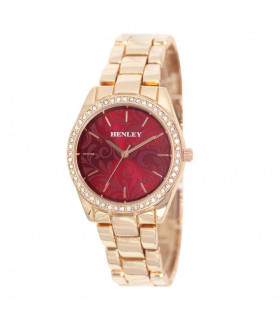 Henley Ladies Bling Etched Patterned Red Dial & RoseGold Bracelet Watch H07326.40