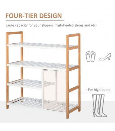 Shoe Rack 4-Tier Natural Wood Frame Boot Compartment Home Storage Pine Wood MDF